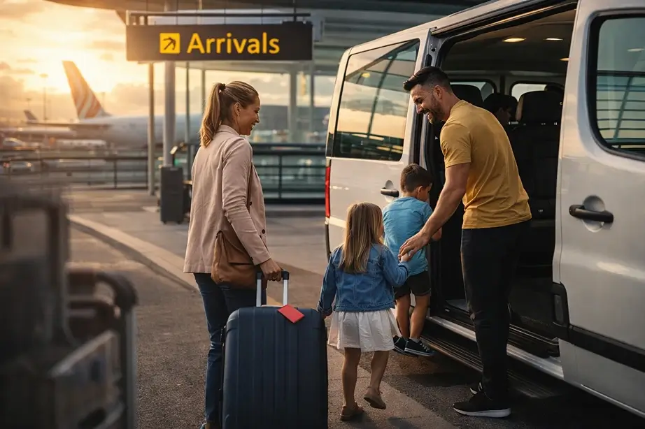 Family boarding airport shuttle to Constantia at sunset