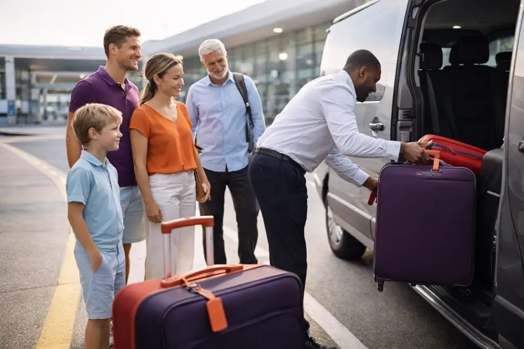 happy family watching as chauffeur loads luggage into shuttle van