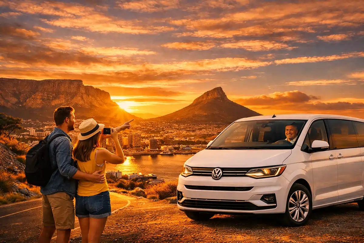 Smiling driver inside a shuttle van parked on a scenic overlook above Cape Town at sunset, with Table Mountain and Lion’s Head glowing in warm golden light, while a casually dressed couple stands outside — the man pointing toward the sunset and the woman taking a photo.