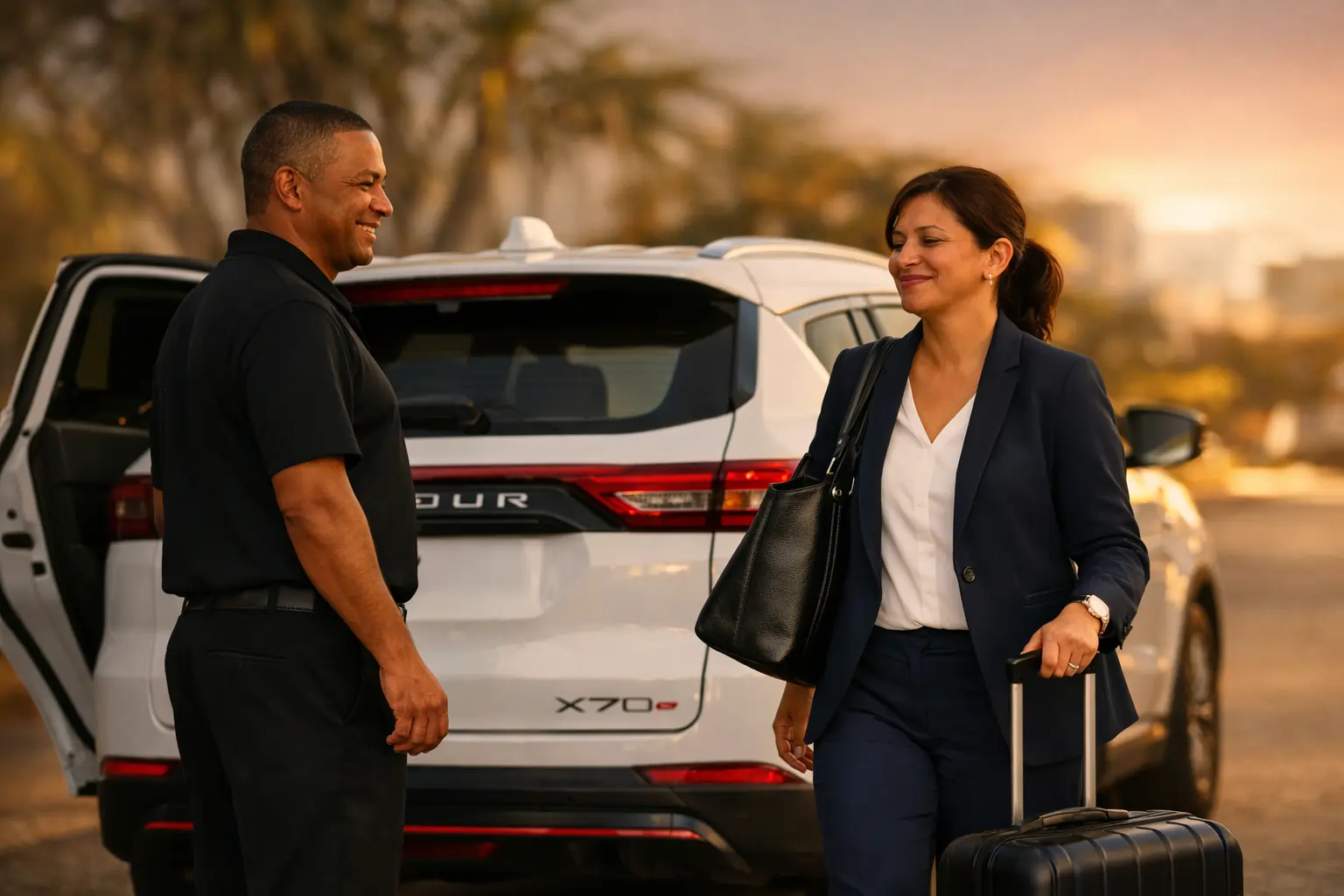 Friendly, professional, and vetted drivers using clean, spacious, and modern vehicles for private transfers in Cape Town. Smiling businesswoman with luggage as she exits her private shuttle with beautiful cape town sunset in background.