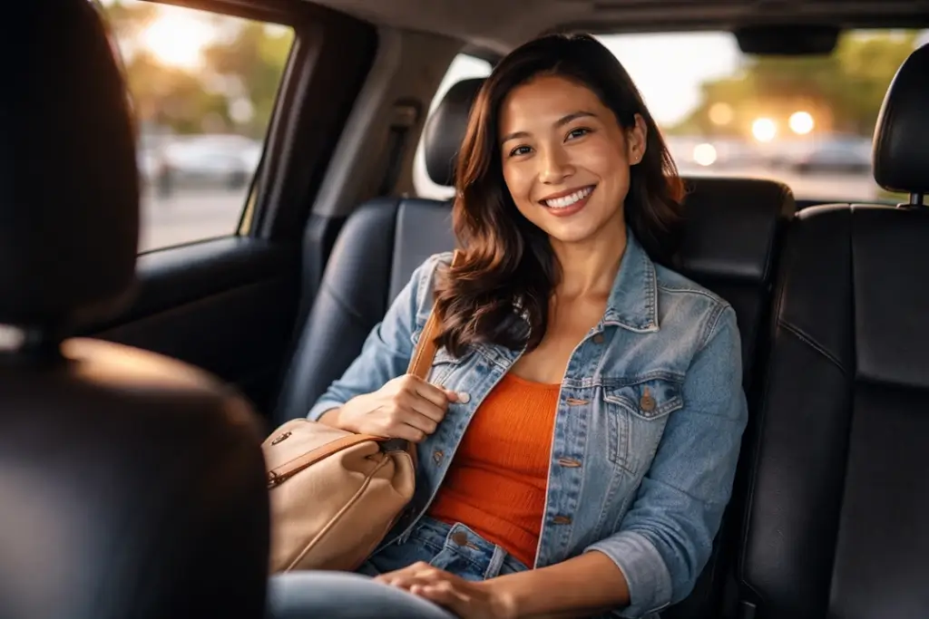 Smiling woman feeling relaxed in a private Cape Town Shuttle