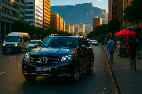 Mercedes SUV shuttle driving through cape town city