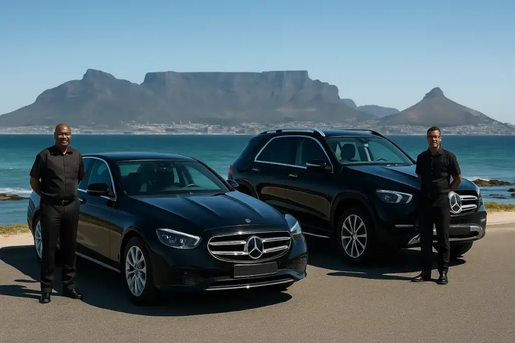 black mercedes sedan-and suv parked in waterfront with view of table mountain